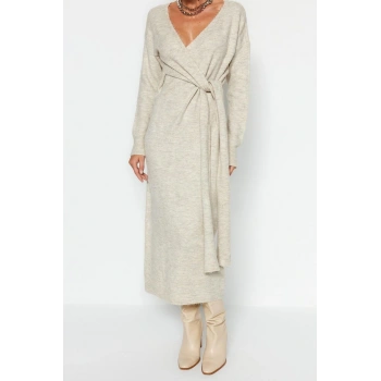 Moda Regular Casual Günlük Tek Plaka Triko Kruvaze Uzun Kol Kruvaze Maxi Boy Elbise