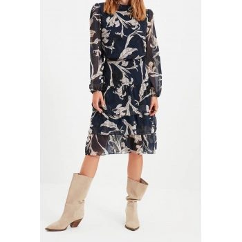 Moda Regular Gündüz Gece Şifon Dokuma Dik Yaka Uzun Kol Skater Midi Boy Elbise