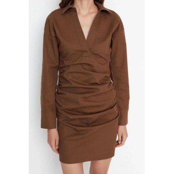 Moda Regular Gündüz Gece Gabardin Dokuma Gömlek Yaka Uzun Kol Gömlek Elbise Mini Boy Elbise