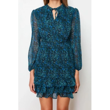 Moda Regular Gündüz Gece Şifon Dokuma Dik Yaka Truvakar Kol Kol Skater Mini Boy Elbise