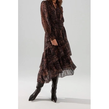 Moda Regular Gündüz Gece Şifon Dokuma Hakim Yaka Uzun Kol Skater Midi Boy Elbise