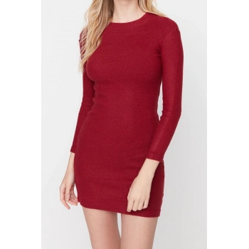 Moda Slim Casual Günlük Rejenere Kaşkorse Örme Dik Yaka Uzun Kol Bodycone Mini Boy Elbise