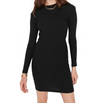 Moda Slim Casual Günlük Rejenere Kaşkorse Örme Dik Yaka Uzun Kol Bodycone Mini Boy Elbise