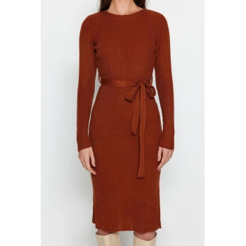 Moda Slim Casual Günlük Fitilli Triko Bisiklet Yaka Uzun Kol A-Line Midi Boy Elbise