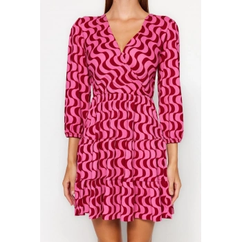 Moda Regular Casual Günlük Polyester Kaşkorse Örme Kruvaze Truvakar Kol Kol Skater Mini Boy Elbise