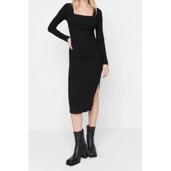 Moda Slim Casual Günlük Poliviskon Kaşkorse Örme Kare Yaka Uzun Kol Bodycone Midi Boy Elbise