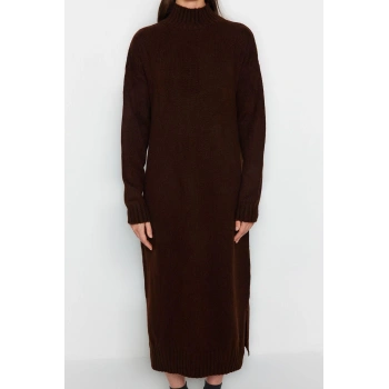 Moda Oversize Casual Günlük Tek Plaka Triko Dik Yaka Uzun Kol Shift Midi Boy Elbise