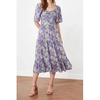 Moda Regular Casual Günlük Shally Dokuma Kalp Yaka Kısa Kol A-Line Midi Boy Elbise