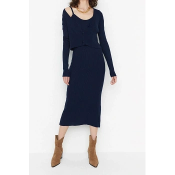 Moda Slim Casual Günlük Fitilli Triko V Yaka Uzun Kol Bodycone Midi Boy Elbise