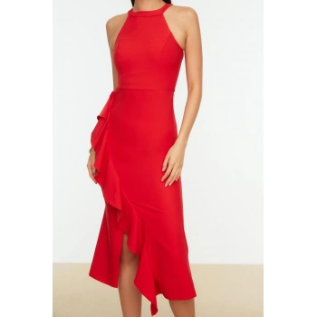 Moda Fit Mezuniyet Balo Finike Dokuma Halter Yaka Kolsuz Kol Anvelop Midi Boy Elbise