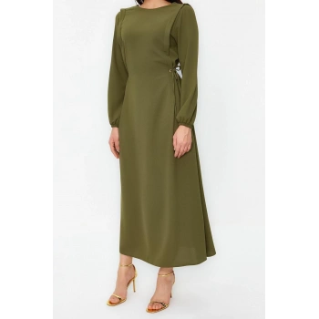 Moda Regular Casual Günlük Aerobin Dokuma Bisiklet Yaka Uzun Kol Shift Maxi Boy Tesettür Elbise