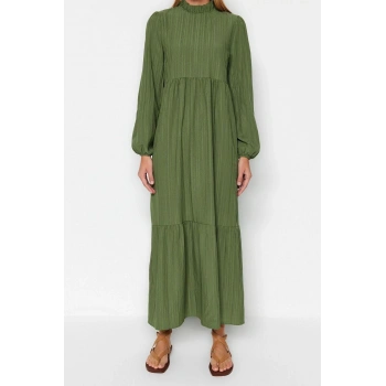 Moda Rahat Casual Günlük Crinkle Dokuma Dik Yaka Uzun Kol A-Line Maxi Boy Tesettür Elbise