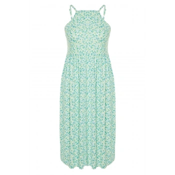 Moda Slim Casual Günlük Bürümcük Örme Kare Yaka Askılı Kol Skater Midi Boy Büyük Beden Elbise