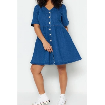 Moda Rahat Casual Günlük Comfort Denim V Yaka Kısa Kol A-Line Mini Boy Büyük Beden Elbise