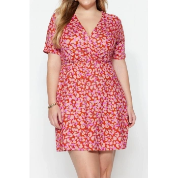 Moda Fit Casual Günlük Kaşkorse Örme Kruvaze Kısa Kol Skater Mini Boy Büyük Beden Elbise