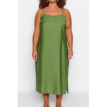 Moda Fit Casual Günlük Shally Dokuma Kare Yaka Askılı Kol Shift Midi Boy Büyük Beden Elbise