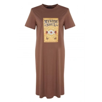 Moda Rahat Casual Günlük Süprem Örme Bisiklet Yaka Kısa Kol Shift Midi Boy Büyük Beden Elbise