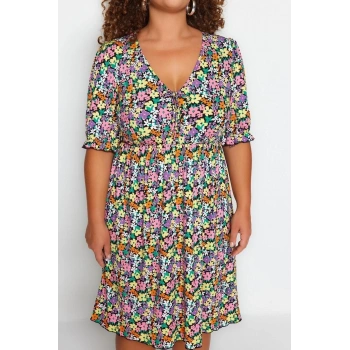 Moda Slim Casual Günlük Kaşkorse Örme V Yaka Kısa Kol Skater Mini Boy Büyük Beden Elbise