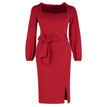 Moda Rahat Gündüz Gece Finike Dokuma Kare Yaka Uzun Kol Shift Midi Boy Büyük Beden Elbise