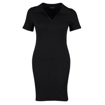 Moda Fit Casual Günlük Kaşkorse Örme Polo Yaka Kısa Kol Bodycone Mini Boy Büyük Beden Elbise