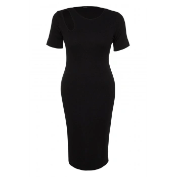 Moda Fit Gündüz Gece Kaşkorse Örme Bisiklet Yaka Kısa Kol Bodycone Midi Boy Büyük Beden Elbise