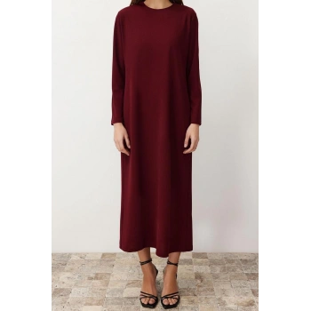 Moda Rahat Casual Günlük Krep Örme Bisiklet Yaka Uzun Kol Straight Uzun Boy Tesettür Elbise