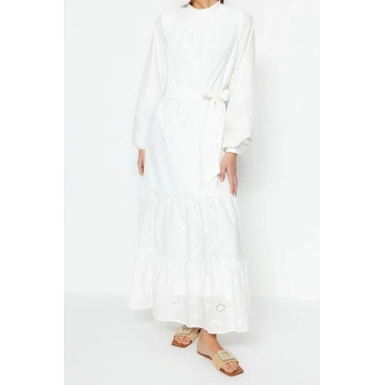 Moda Regular Casual Günlük Terrycotton Dokuma Bisiklet Yaka Uzun Kol A-Line Maxi Boy Tesettür Elbise