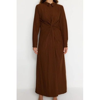 Moda Regular Casual Günlük Crinkle Dokuma Gömlek Yaka Uzun Kol Shift Maxi Boy Tesettür Elbise
