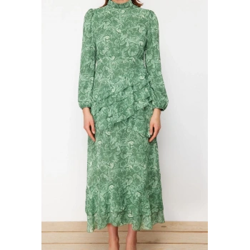 Moda Regular Abiye Gece Şifon Dokuma Bisiklet Yaka Uzun Kol Eteği Fırfırlı Maxi Boy Tesettür Elbise