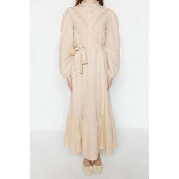 Moda Regular Casual Günlük Terrycotton Dokuma Bisiklet Yaka Uzun Kol A-Line Maxi Boy Tesettür Elbise