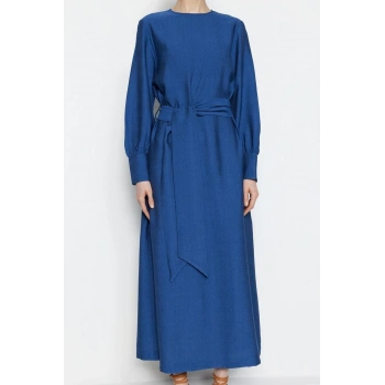 Moda Regular Günlük Keten Aerobin Dokuma Bisiklet Yaka Uzun Kol Shift Maxi Boy Tesettür Elbise