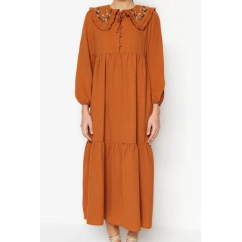 Moda Regular Casual Günlük Keten Görünümlü Dokuma Bebe Yaka Uzun Kol Basic Maxi Boy Tesettür Elbise