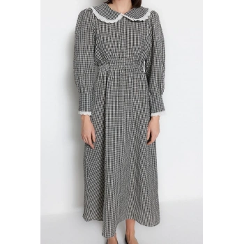 Moda Regular Şık Abiye Gece Gofre Dokuma V Yaka Uzun Kol A-Line Midi Boy Tesettür Elbise