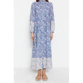 Moda Regular Keten Görünümlü Dokuma Hakim Yaka Uzun Kol Gömlek Elbise Maxi Boy Tesettür Elbise