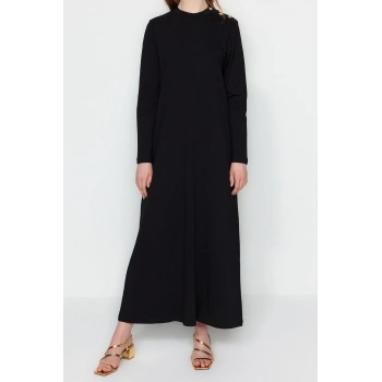 Moda Regular Casual Günlük Ringel Örme Dik Yaka Uzun Kol Basic Maxi Boy Tesettür Elbise