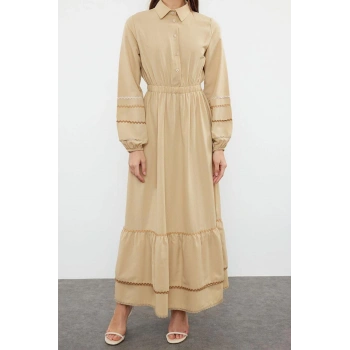 Moda Regular Casual Günlük Terrycotton Dokuma Gömlek Yaka Uzun Kol Basic Maxi Boy Tesettür Elbise