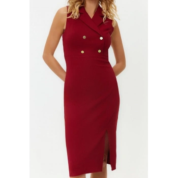 Moda Regular Gündüz Gece Finike Dokuma Ceket Yaka Kolsuz Kol Bodycone Midi Boy Elbise