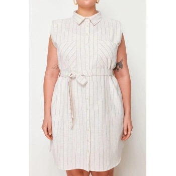 Moda Fit Casual Günlük KetenDokuma Gömlek Yaka Kolsuz Kol Gömlek Elbise Midi Boy Büyük Beden Elbise