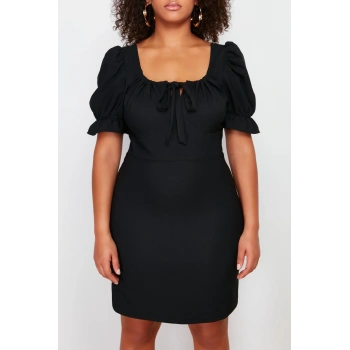Moda Fit Şık Abiye Gece Finike Dokuma Kalp Yaka Kısa Kol A-Line Mini Boy Büyük Beden Elbise