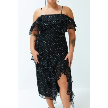 Moda Fit Şık Abiye Gece Şifon Dokuma Kare Yaka Askılı Kol A-Line Maxi Boy Büyük Beden Elbise