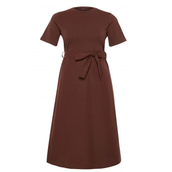 Moda Fit Casual Günlük Süprem Dokuma Bisiklet Yaka Kısa Kol A-Line Midi Boy Büyük Beden Elbise