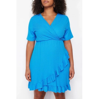 Moda Slim Casual Günlük Bürümcük Örme Kruvaze Kısa Kol Anvelop Mini Boy Büyük Beden Elbise