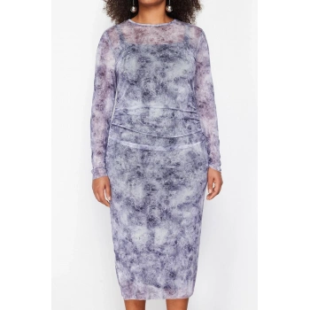 Moda Fit Casual Günlük Tül Örme Bisiklet Yaka Uzun Kol Bodycone Midi Boy Büyük Beden Elbise