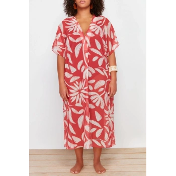 Moda Oversize Plaj Günlük Şifon Dokuma V Yaka Kısa Kol Basic Midi Boy Büyük Beden Elbise