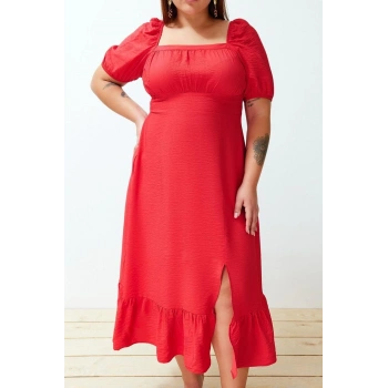 Moda Rahat Casual Günlük Shally Dokuma Kare Yaka Kısa Kol Eteği Fırfırlı Maxi Boy Büyük Beden Elbise