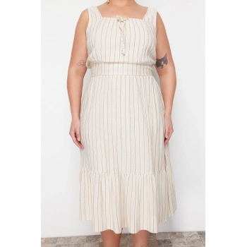 Moda Rahat Keten Karışımlı Dokuma Kare Yaka Kısa Kol Eteği Fırfırlı Midi Boy Büyük Beden Elbise