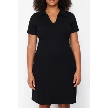 Moda Slim Casual Günlük Kaşkorse Örme Polo Yaka Kısa Kol A-Line Midi Boy Büyük Beden Elbise