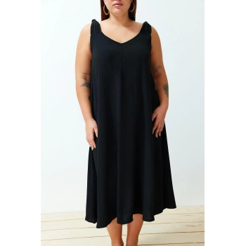 Moda Rahat Casual Günlük Aerobin Dokuma V Yaka Askılı Kol Shift Midi Boy Büyük Beden Elbise