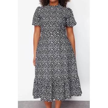 Moda Fit Casual Günlük Moss Krep Dokuma Dik Yaka Truvakar Kol Kol A-Line Midi Boy Büyük Beden Elbise