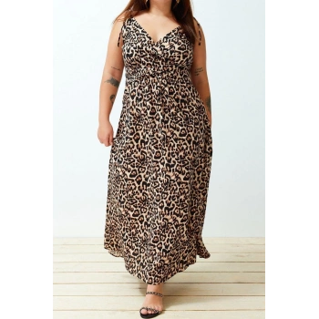 Moda Fit Casual Günlük Shally Dokuma Kruvaze Askılı Kol A-Line Maxi Boy Büyük Beden Elbise